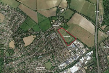 An aerial view of Letchworth, highlighting the location of the LG3 site, South adjacent to Norton, West of the A1(M)