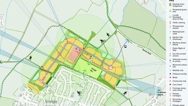A map of the proposed masterplan for LG1 next to the Grange Estate