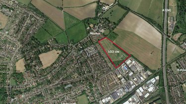 An aerial view of Letchworth, highlighting the location of the LG3 site, South adjacent to Norton, West of the A1(M)
