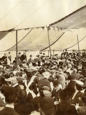 An old photo of people gathered in Letchworth