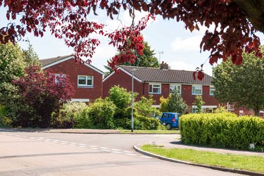 A street of Letchworth houses, with a road lined by trees