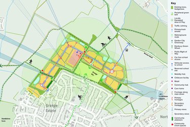 A map of the proposed masterplan for LG1 next to the Grange Estate