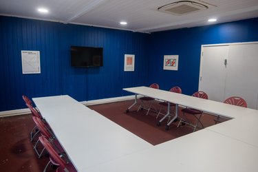 The small studio set up for a meeting at Broadway Gallery