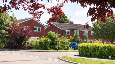 A street of Letchworth houses, with a road lined by trees